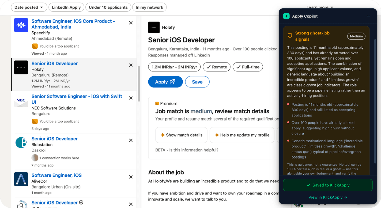 Apply Copilot flagging an 11-month-old ghost job on LinkedIn