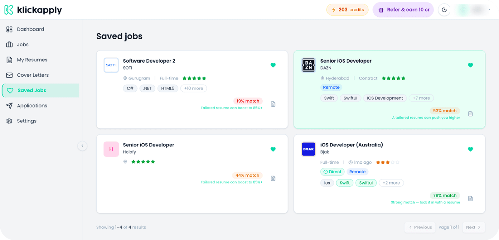 Saved jobs in KlickApply with logos, skills, and match scores